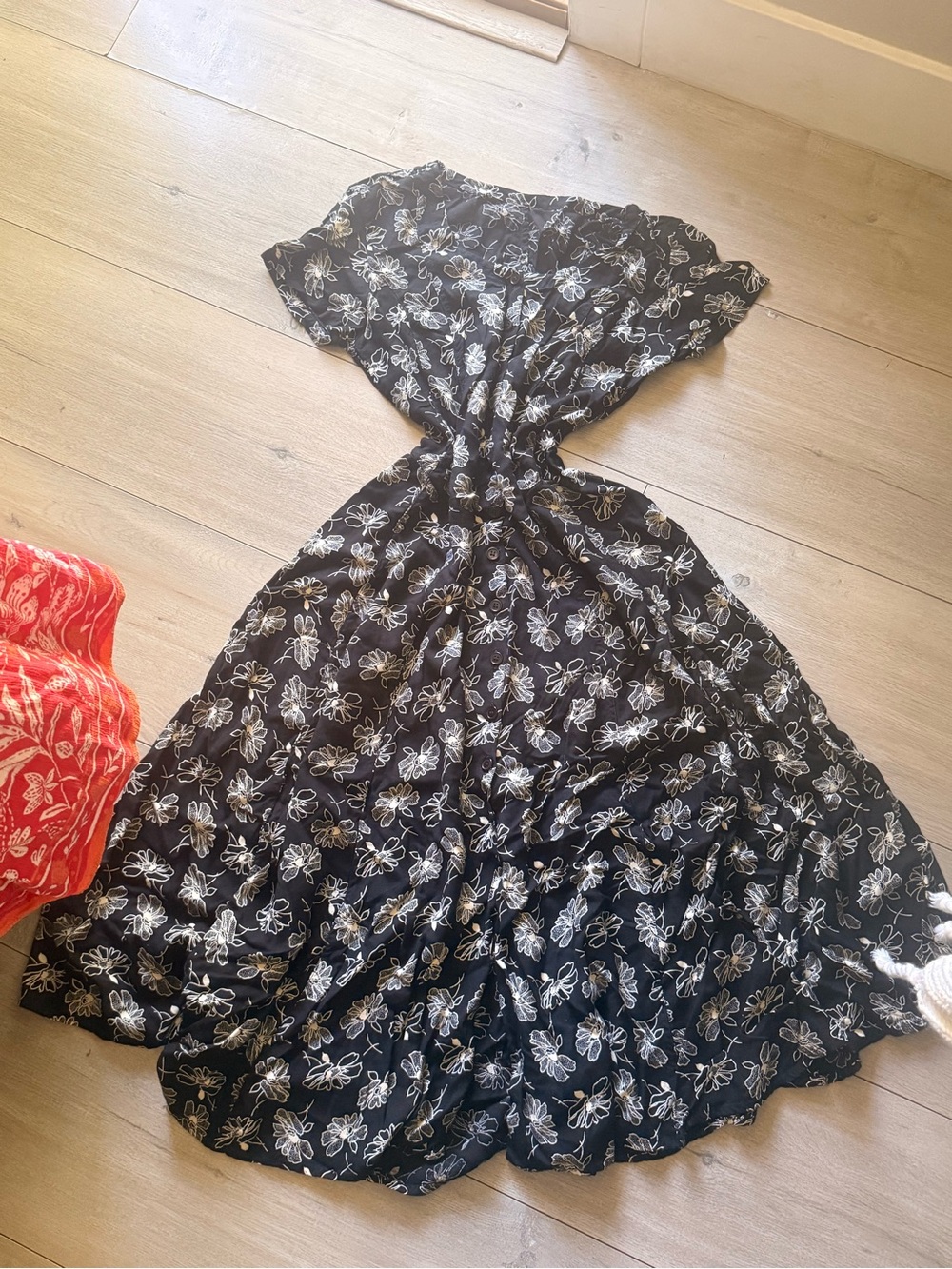 Black Floral Midi Dress with White Flower Print